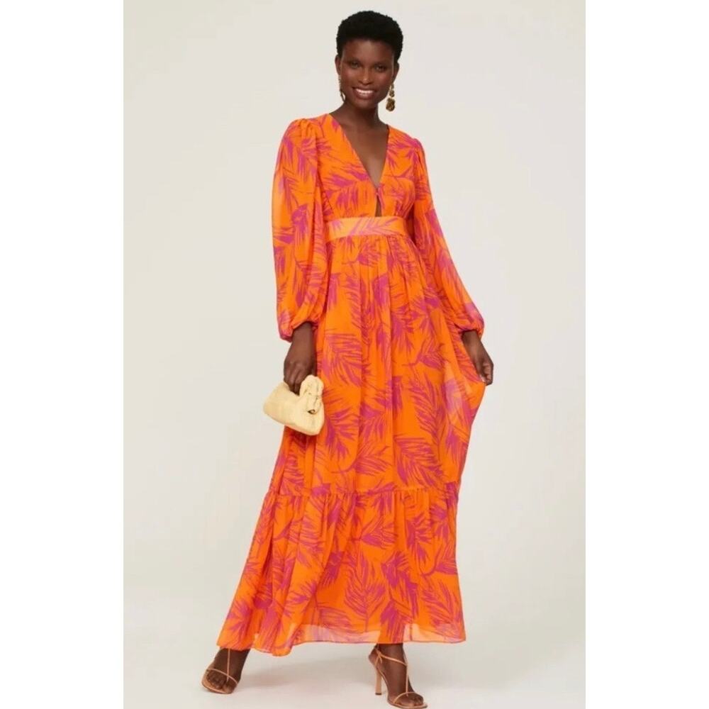 Vibrant Orange & Pink Tropical Maxi Dress - Flowing V-Neck Style